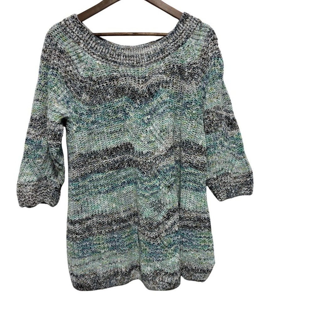 J Jill Sweater Womens XL Black Blue Marled Knit Boatneck 3/4 Sleeve Chunky Knit